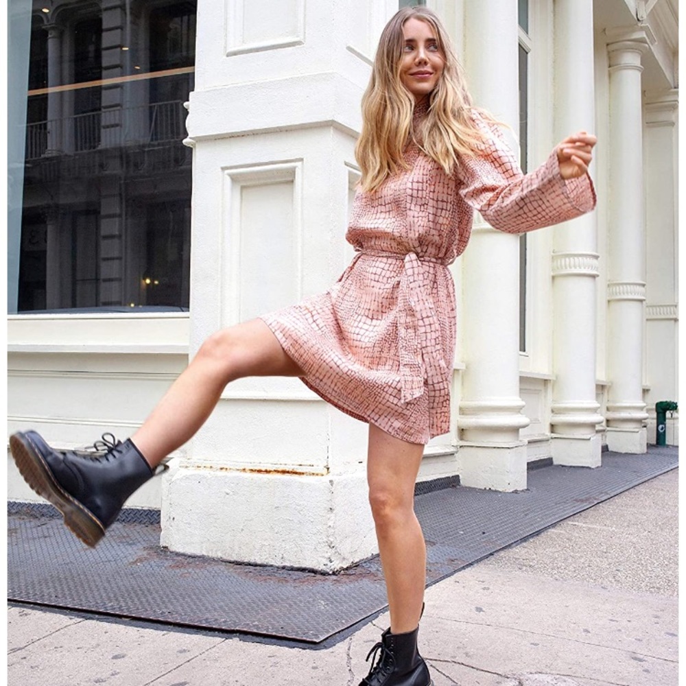 Croc Print Mock Neck Belted Loose Mini Dress